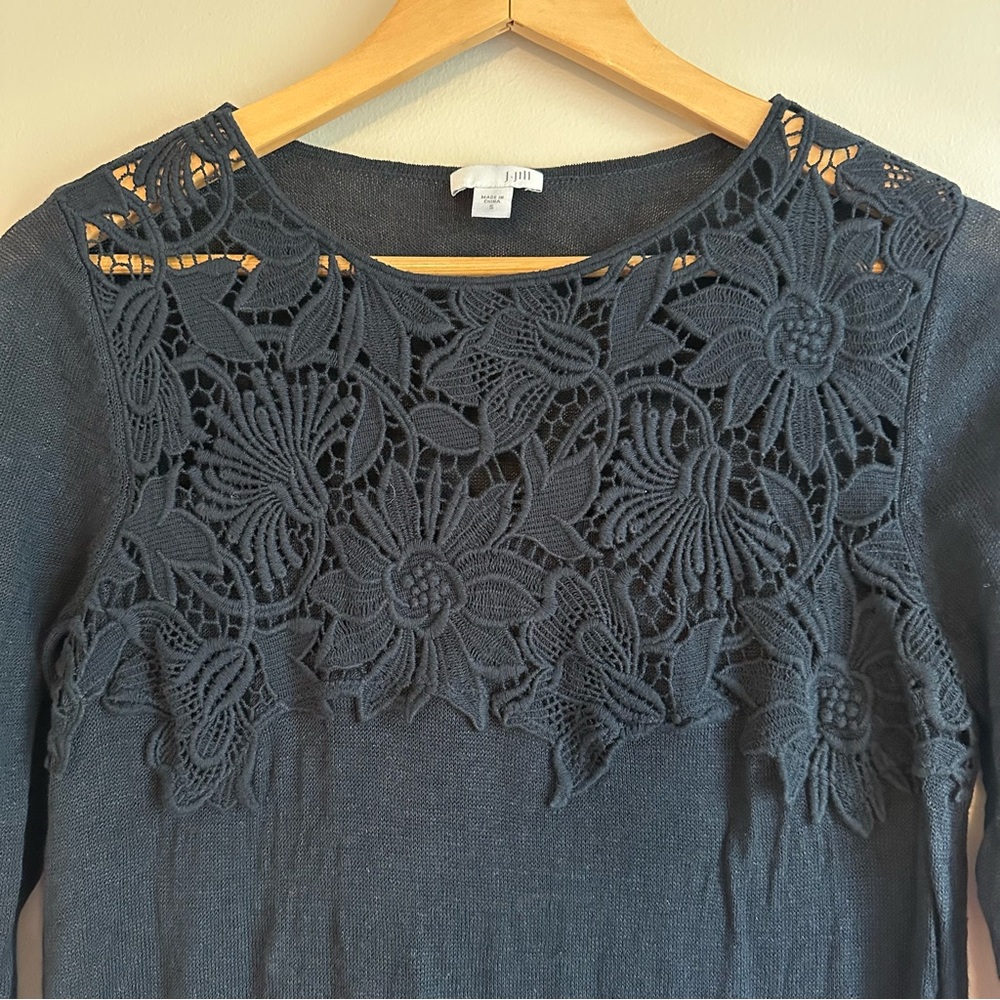 J. Jill Floral Embroidered Top Women’s Small Navy | 3/4 Sleeve Boho Lace Detail - Picture 3 of 14